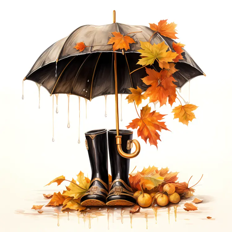 Black Umbrella and Boots with Autumn Leaves