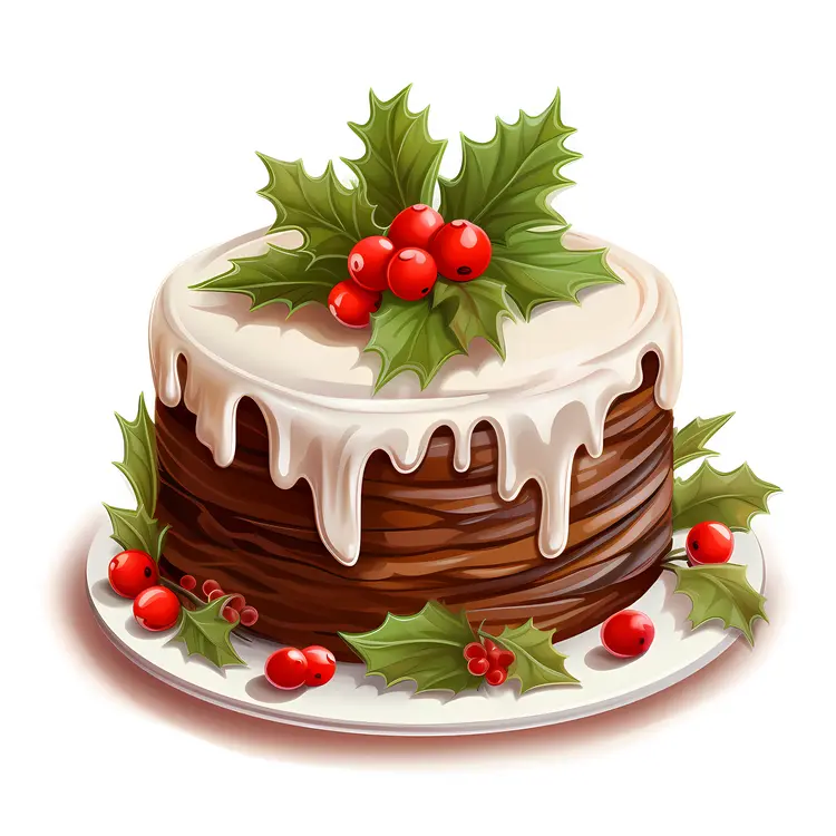 Christmas Cake with White Icing and Holly Berries
