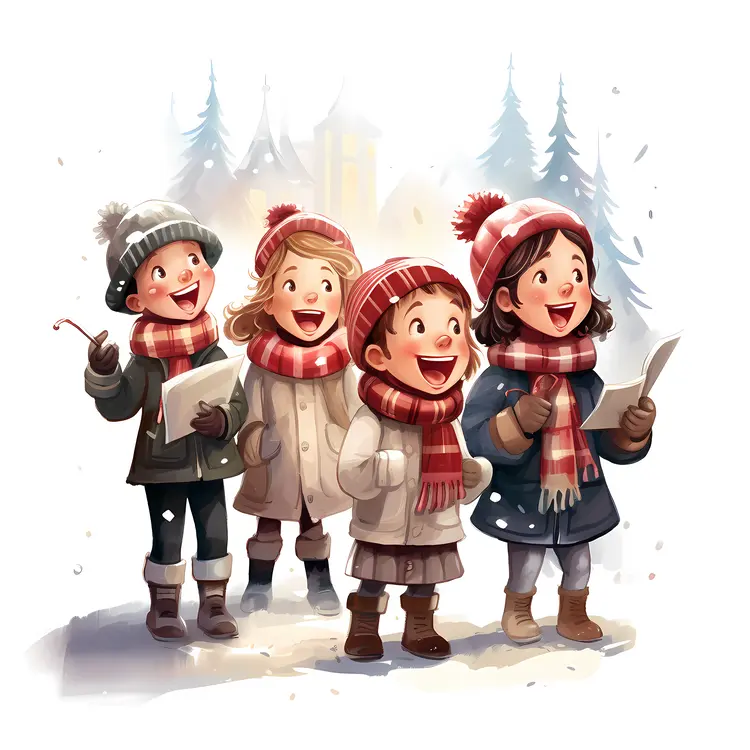 Group of Carolers Singing in Winter