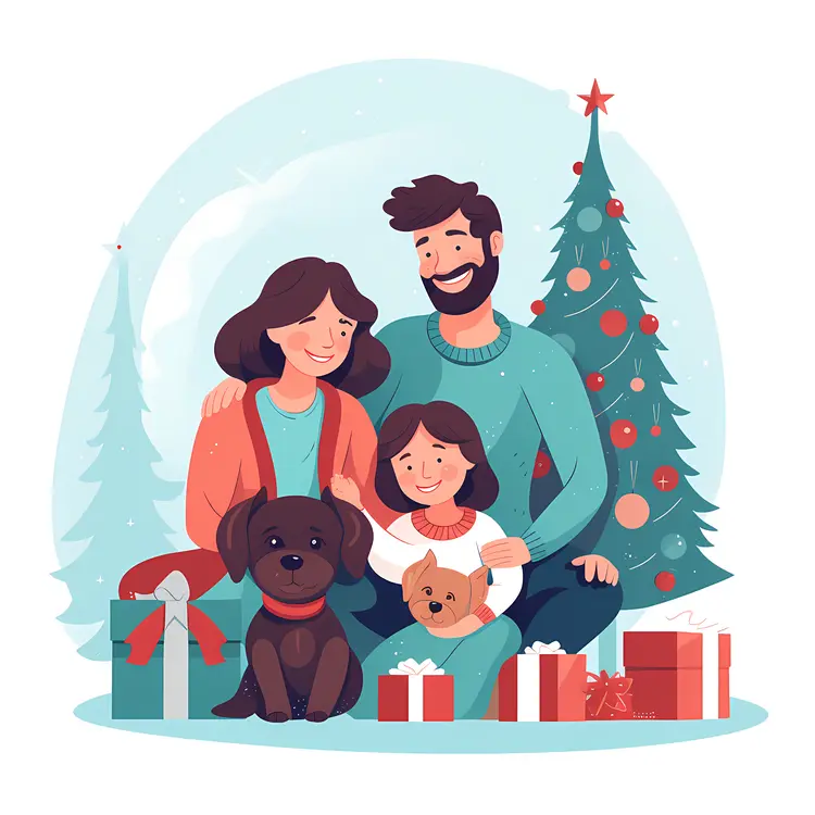 Family with Pets Celebrating Christmas