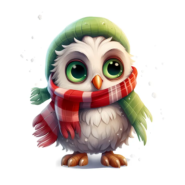 Owl with Green Hat and Red Scarf in Snow