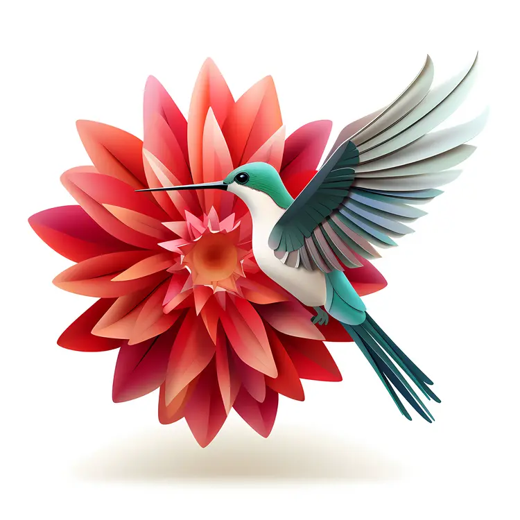 Hummingbird and Pink Flower in Detailed Art