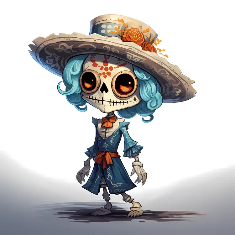 Cute Sugar Skull with Hat and Roses