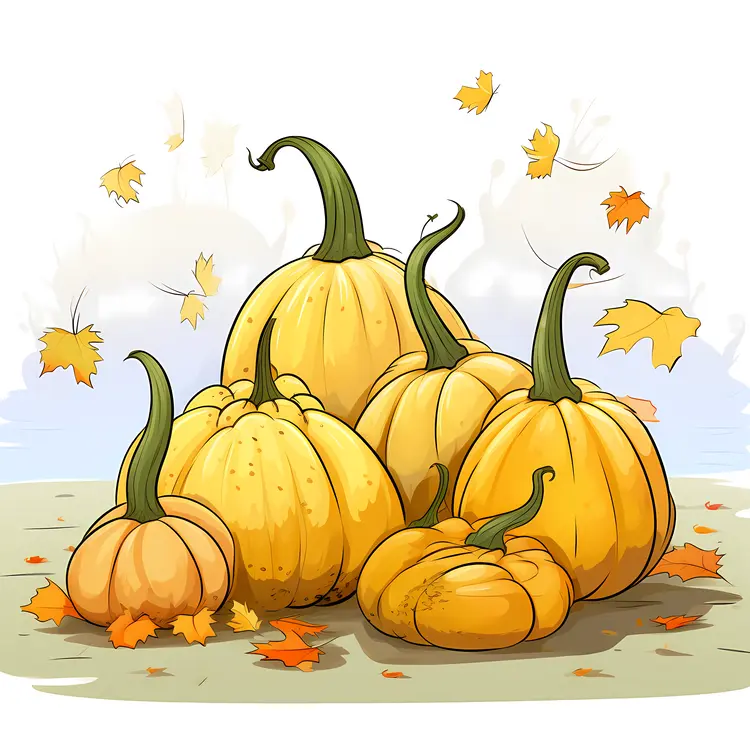Yellow Pumpkins with Autumn Leaves