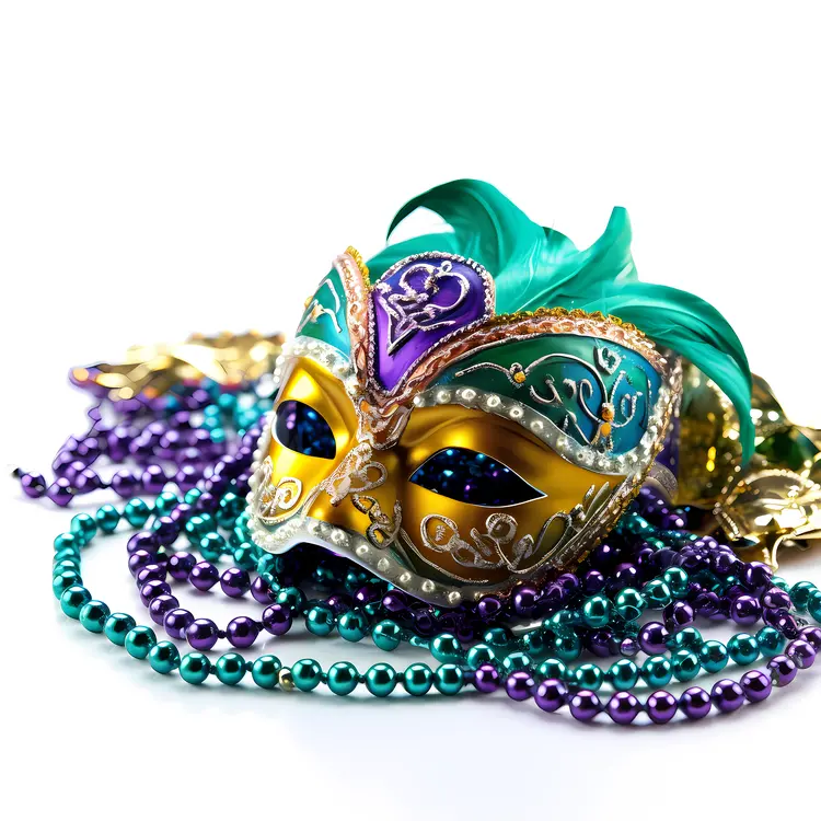 Gold and Green Mask with Beads for Mardi Gras
