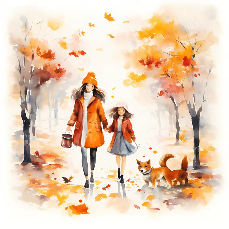 Mother and Daughter Walking with Dog on Autumn Pathway