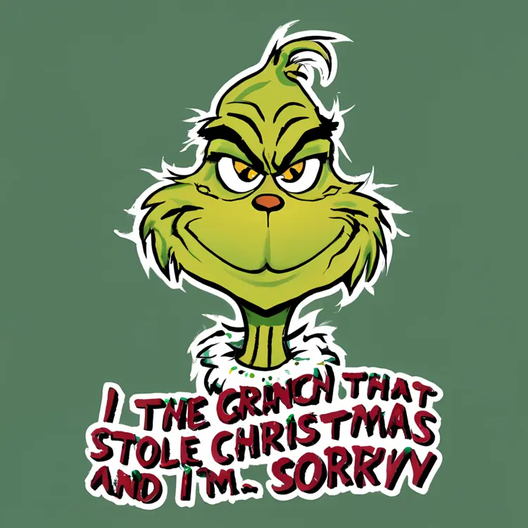 Grinch with 'I Stole Christmas and I'm Sorry' Text