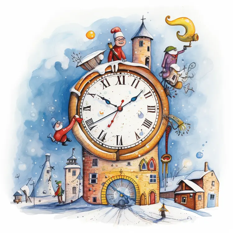 Winter Clock with Children and Snowy Village