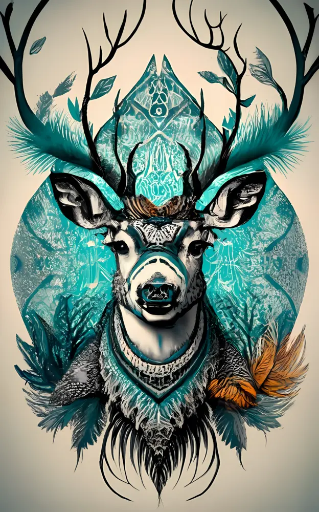 Blue Deer with Antlers and Feathers