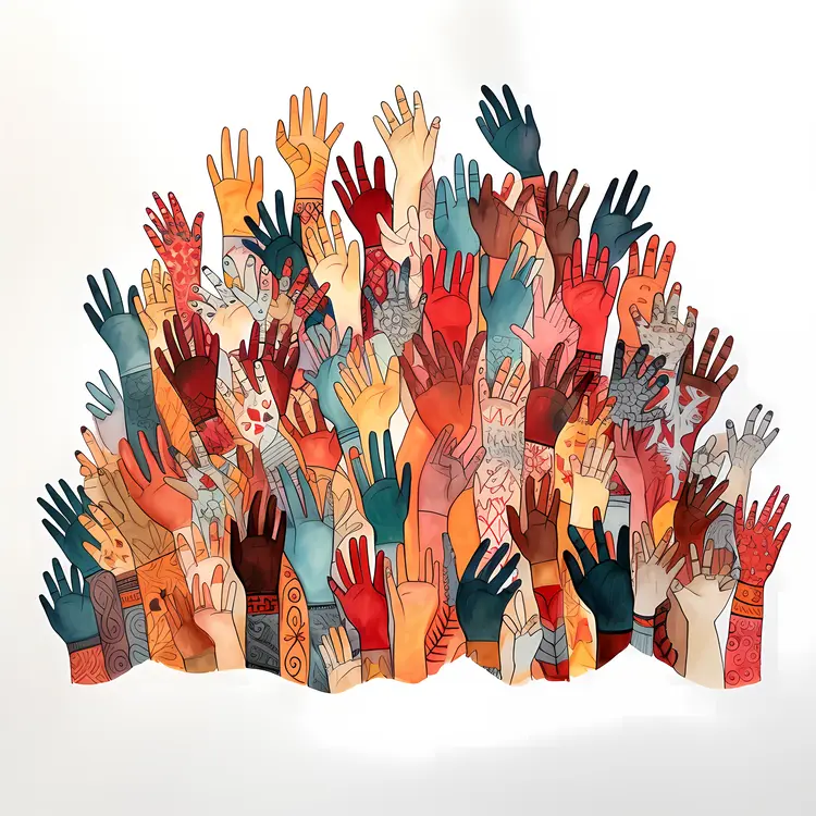 Colorful Hands Raised in Unity