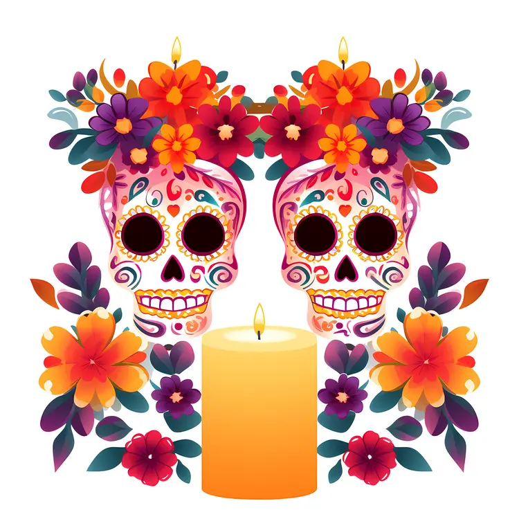 Colorful Sugar Skulls with Candle and Flowers for Day of the Dead