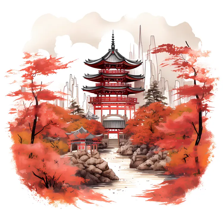 Red Pagoda with Autumn Trees