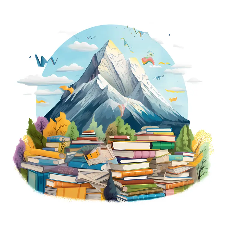 Books and Mountain Nature Illustration