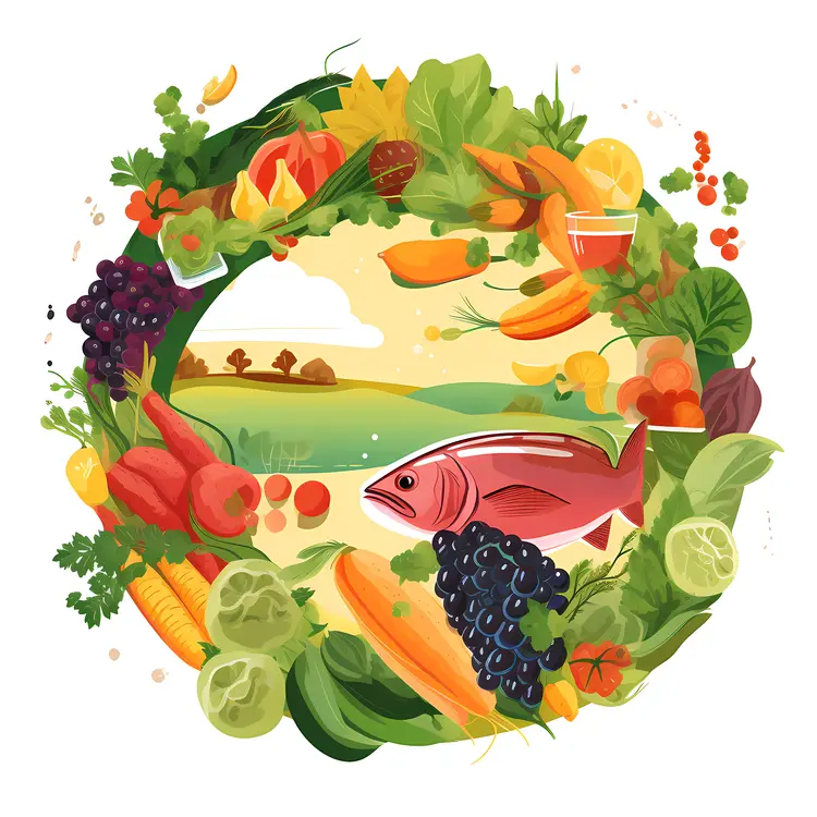 Colorful Illustration of Fish and Vegetables