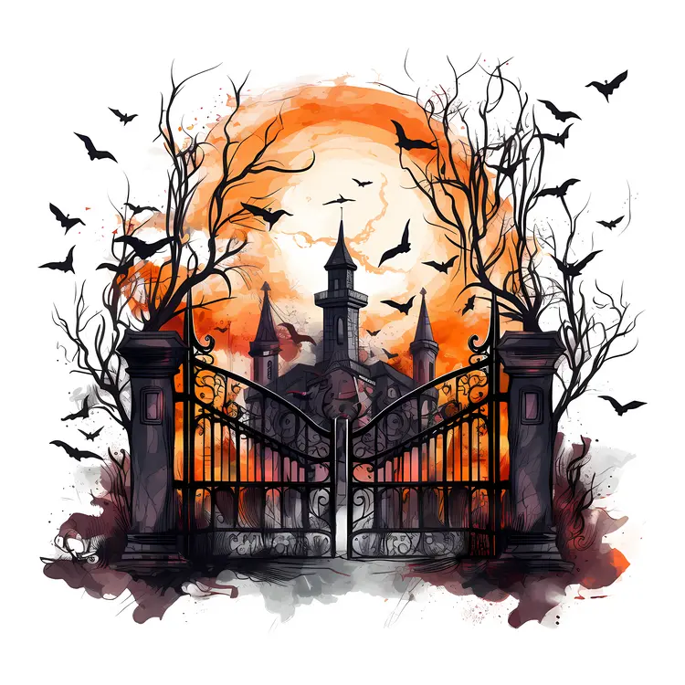 Spooky Haunted Gate with Bats and Castle