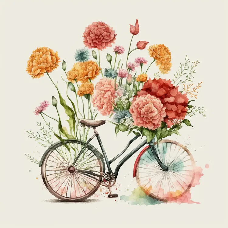 Vintage Bicycle with Blooming Flowers in Watercolor Style