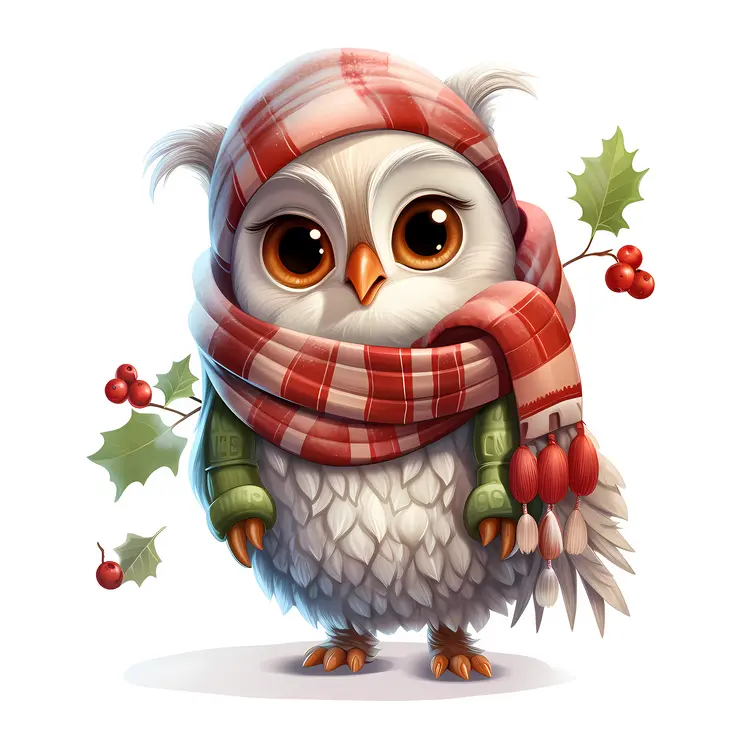 Owl with Plaid Scarf and Holly