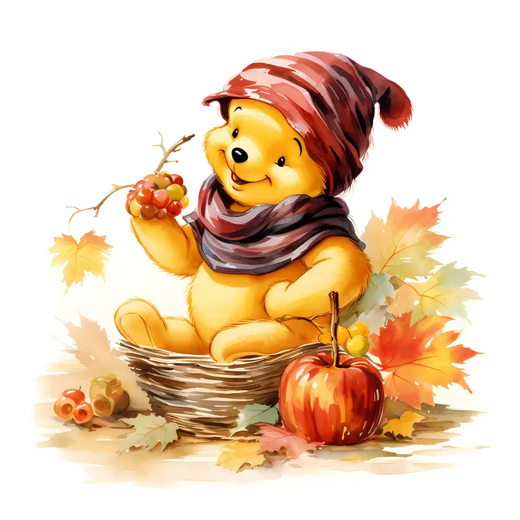 Yellow Bear with Autumn Leaves and Basket