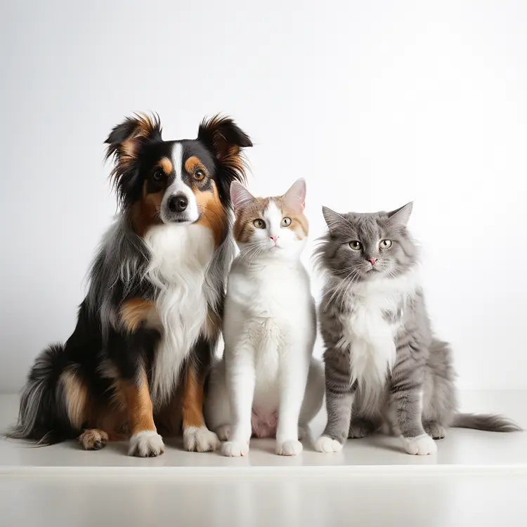 Dog and Two Cats Sitting Together