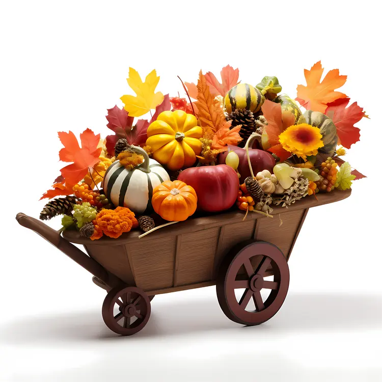 Autumn Harvest Cart with Pumpkins and Leaves