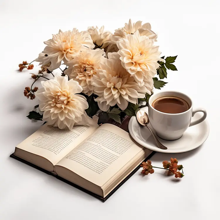 Cozy Morning with a Book
 Coffee
 and Flowers
