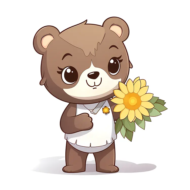 Cute Cartoon Bear Holding a Sunflower