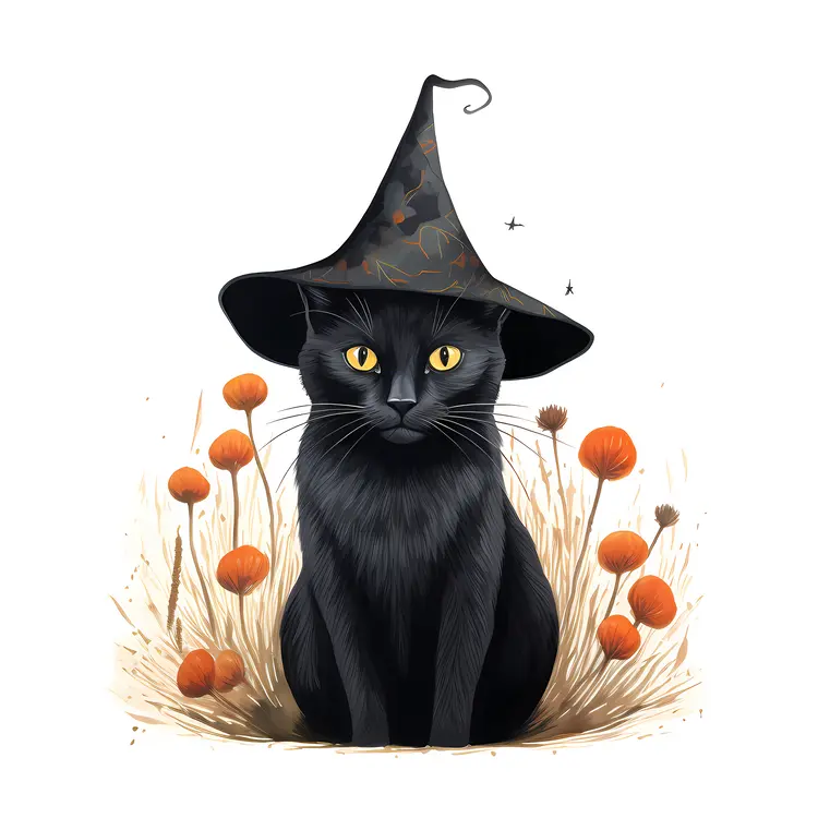 Black Cat with Witch Hat in Halloween Setting