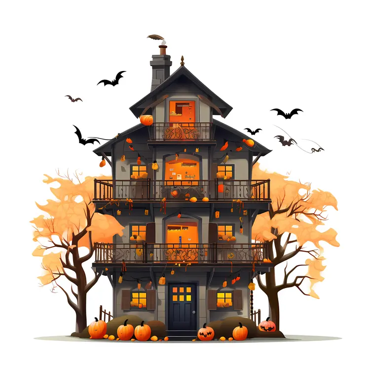 Spooky Haunted House with Halloween Decorations