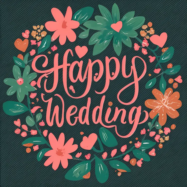 Happy Wedding Text with Dark Background and Floral Design