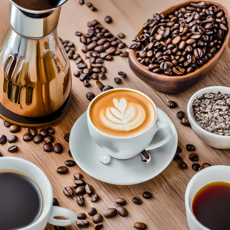 Assorted Coffee Cups with Coffee Beans and Pot