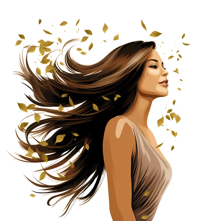 Beautiful Woman with Flowing Hair and Leaves