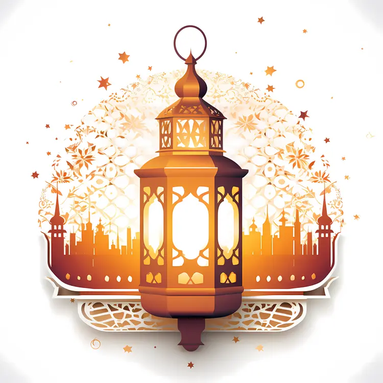 Golden Lantern with City Silhouette and Stars