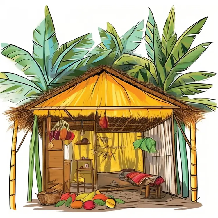 Tropical Hut with Fruits and Hammock