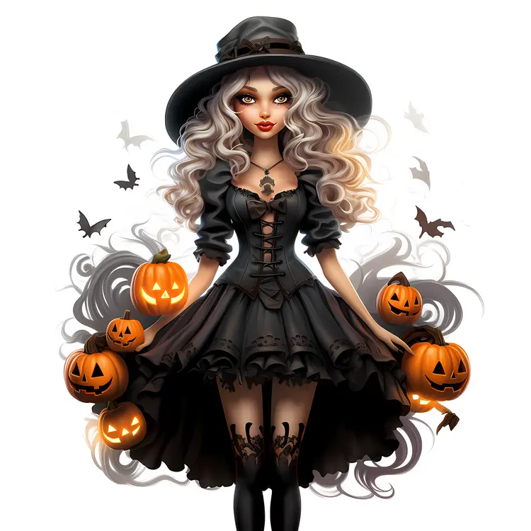 Blonde Halloween Witch with Pumpkins and Bats