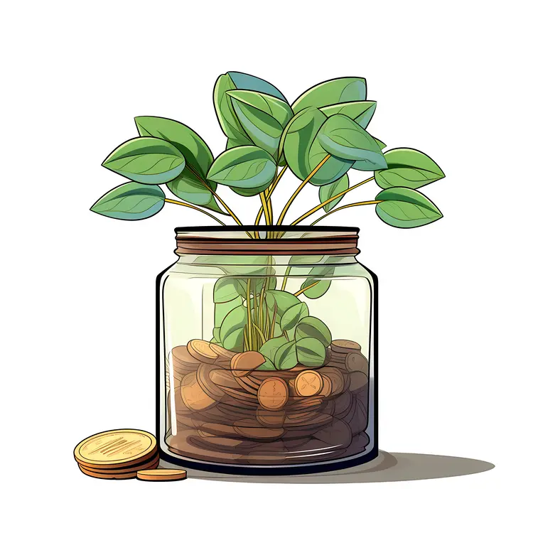 Plant in Jar with Coins for Financial Growth