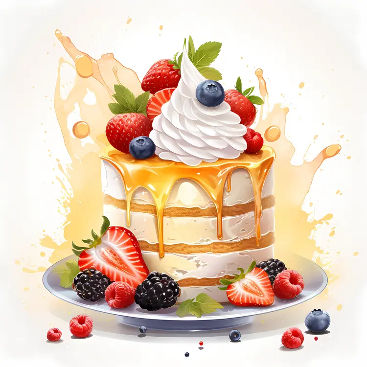 Small Cake with Honey Drizzle and Berries