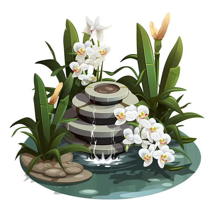 White Orchids on Stone Water Feature