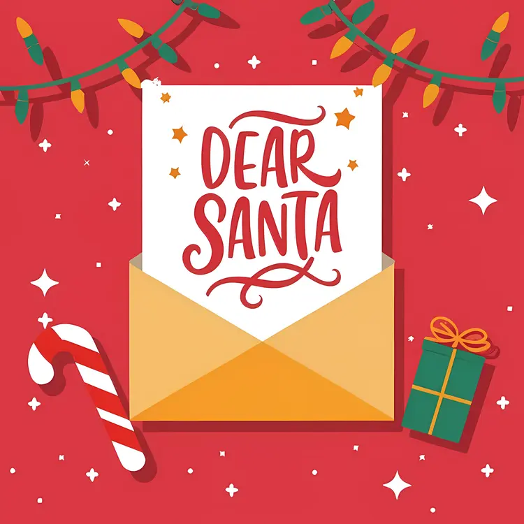 Dear Santa Letter in Yellow Envelope with Candy Cane and Gift