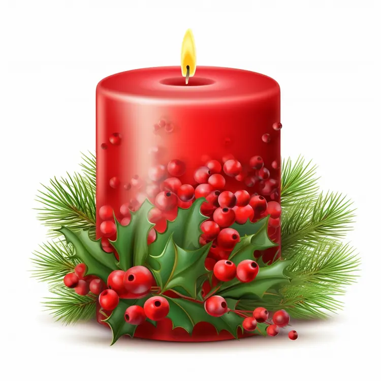 Red Candle with Holly and Pinecones
