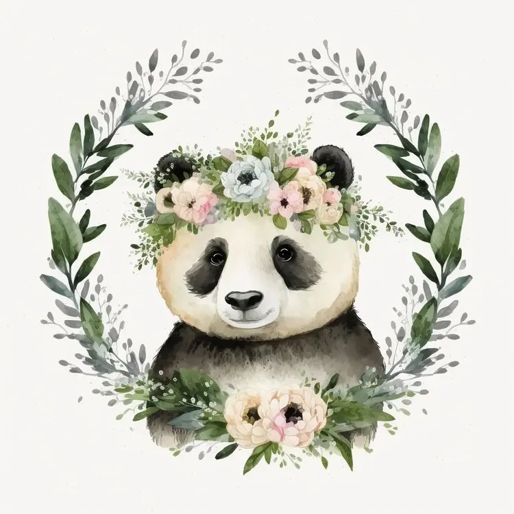 Cute Panda with Floral Wreath in Watercolor Illustration