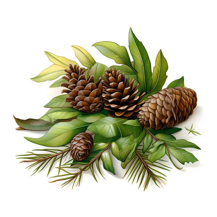 Pine Cones and Green Leaves Illustration