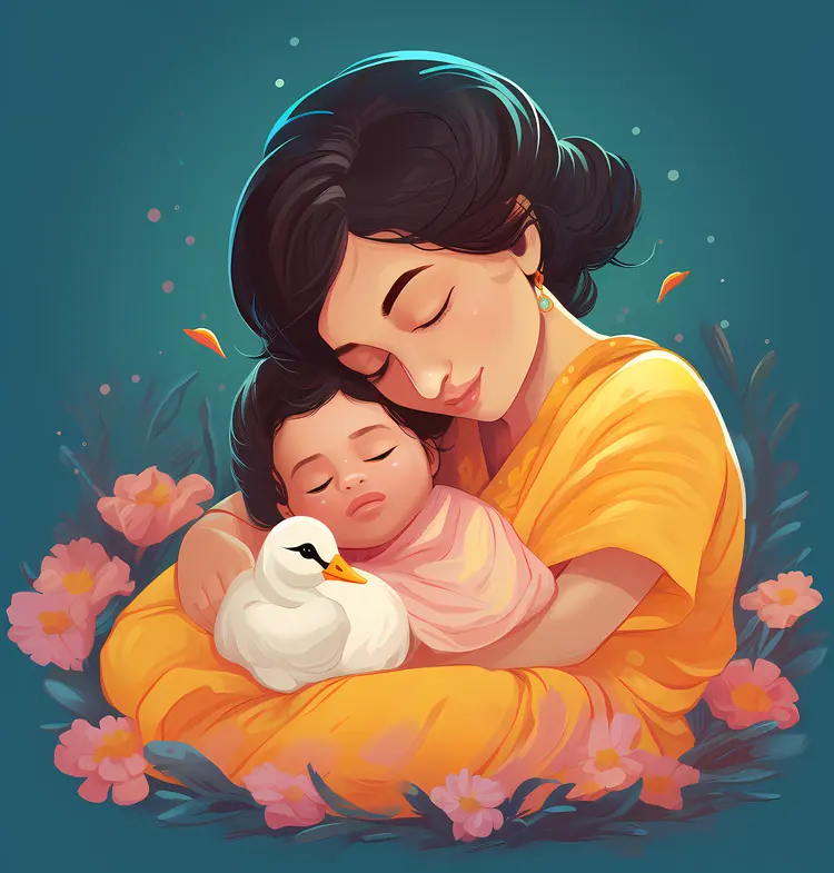 Loving Mother and Child with a Duck in Yellow Sari