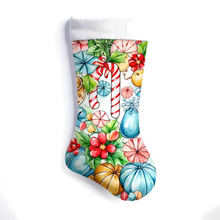 Colorful Christmas Stocking with Flowers and Candy Cane