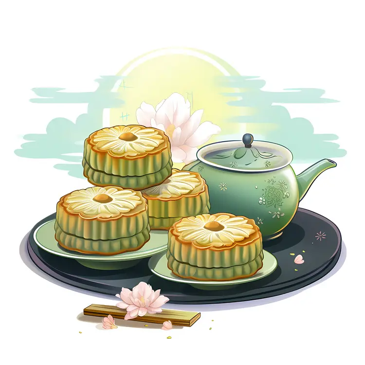 Mooncakes and Teapot on Tray