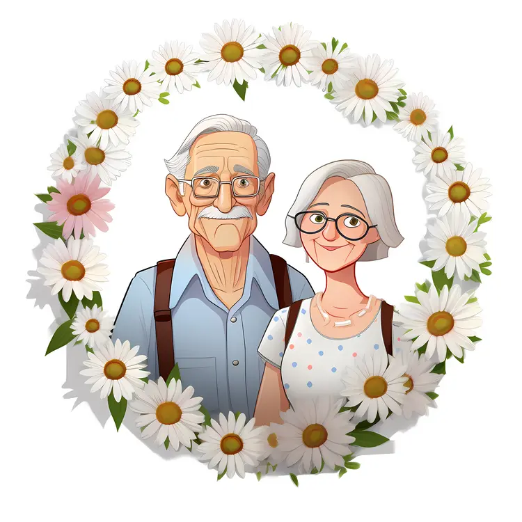 Elderly Couple Surrounded by Daisy Wreath for Grandparents Day