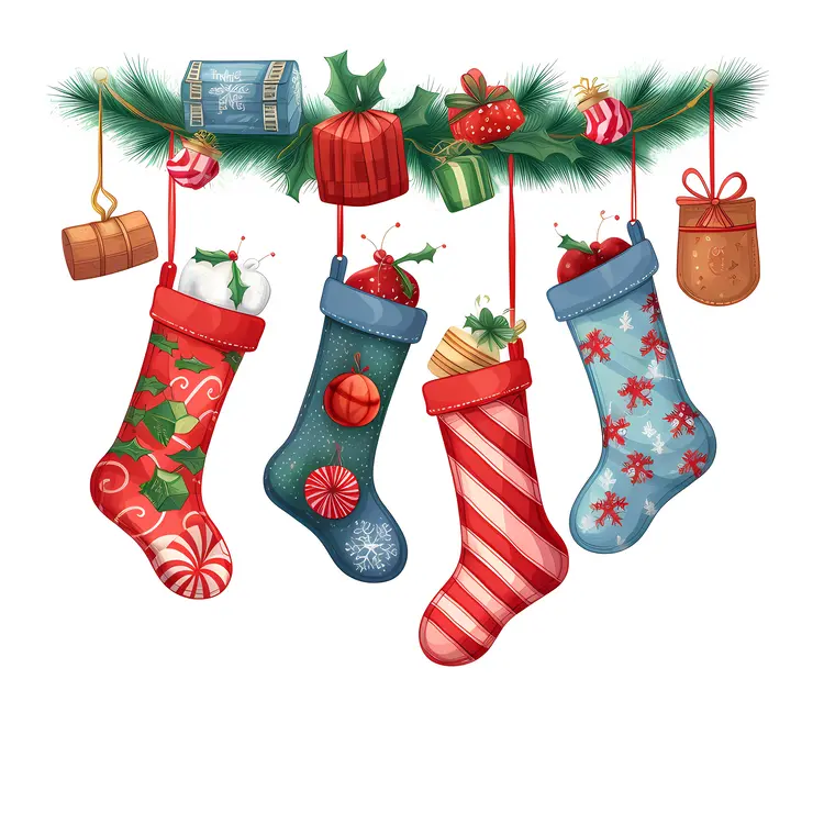 Colorful Christmas Stockings Hanging with Gifts