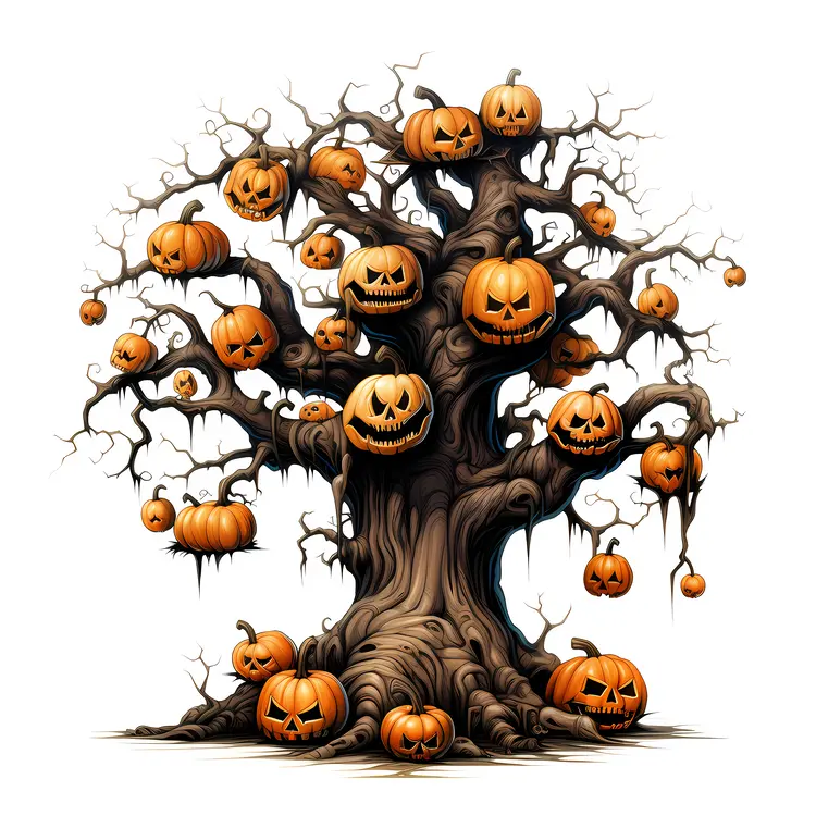 Spooky Pumpkin Tree Illustration for Halloween