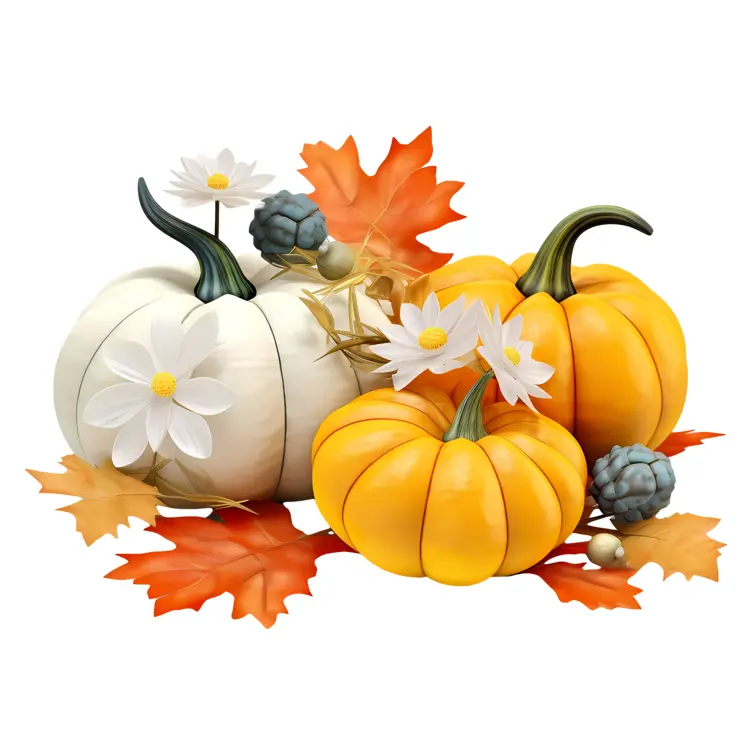 Pumpkins with Leaves and Flowers
