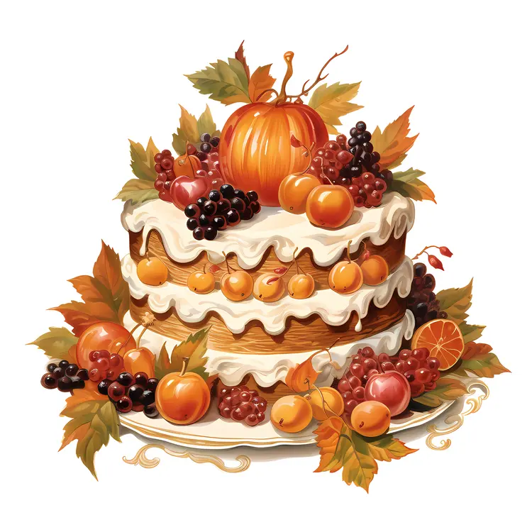 Autumn Fruit Cake with Seasonal Decorations