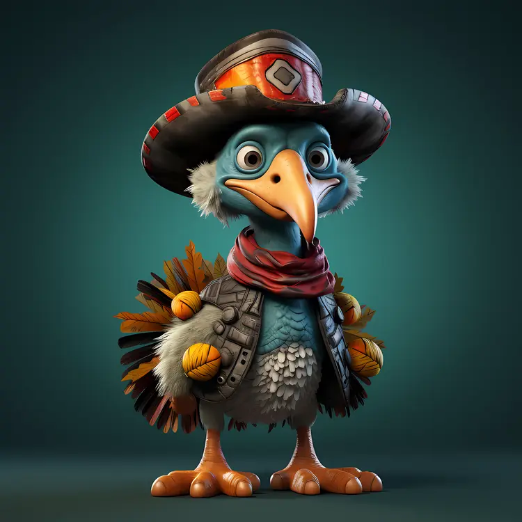 Cool cartoon bird with hat and feathers